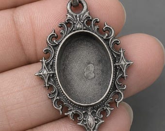 Base para colgante de collar con engaste ovalado gótico, montura de filigrana ornamentada, marco gótico de plata antigua, pieza de resina para joyería.
