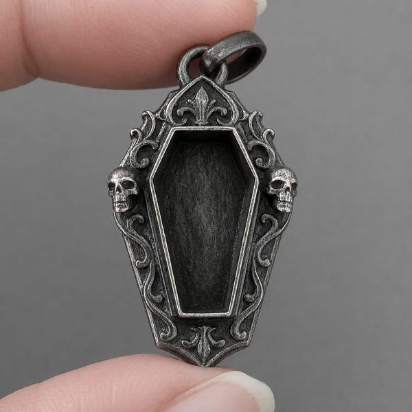 Gothic Coffin Pendant Blank Brass Alloy 1 Piece | Skull Bezel Charm Pendant | Antique Silver Gothic Jewelry Finding