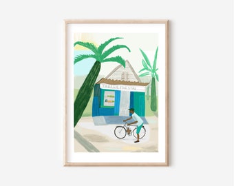 Stampa artistica di viaggio / Arte murale Mauritius / tropicale / palme / negozio / bicicletta