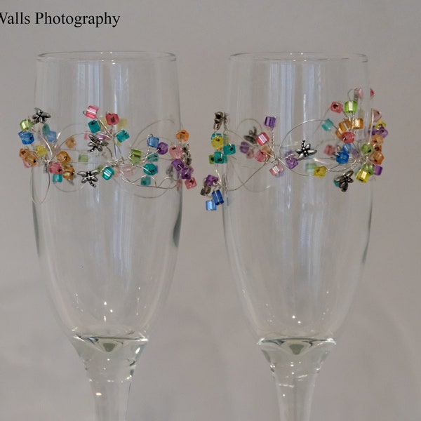 Garden Wedding Rainbows, Dragonfly Charms and Bright Pastel Bead Champagne Wedding Toast Flutes LGBT Quinceañera 21st Birthday gift idea