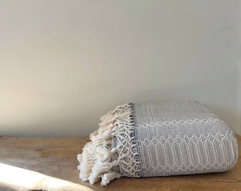 Handmade Cotton Blanket with Macrame Tassels, Heather Grey, Imported from Oaxaca, Mexico