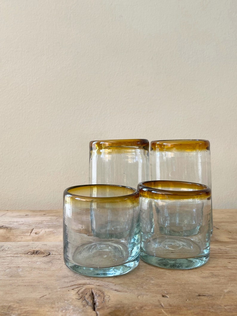 Hand Blown Glass Tumbler, Amber, Set of 2, Imported from Oaxaca, Mexico, Mexican Glass Tumbler, Cocktail Glass, Highball, Handmade Corto