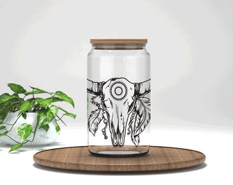 Cow Skull Beer Glass Can Cup | Glass Can | Soda Glass Can | 16 oz Beer Glass Can | Iced Tea Glass Can | Iced Coffee Glass Can | 16 OZ Cup