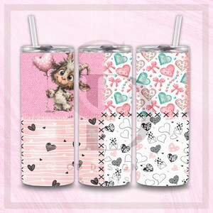 May include: Three stainless steel tumblers with straws. The first features a cartoon goat holding a heart balloon on a pink denim background. The second has a patchwork design with hearts and bows. The third has a pattern of hearts and love letters.