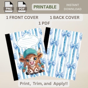 Highland Cow Composition Notebook Cover PNG PDF: Blue Bows, Back to School (Digital Download)