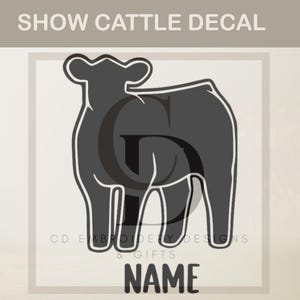 May include: A gray decal featuring a stylized outline of a cow. The text "SHOW CATTLE DECAL" is at the top, with "NAME" at the bottom. The decal also includes the text "CD EMBROIDERY DESIGNS & GIFTS".