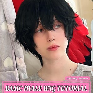 May include: A person with short, black hair wearing a gray t-shirt. The image has text that reads "BASIC MALE WIG TUTORIAL" and "Difficulty: Beginner" in a pink box.
