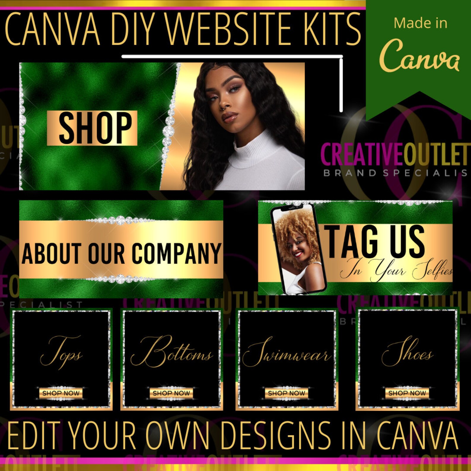 Emerald Green/gold Website DIY Canva Templates Etsy