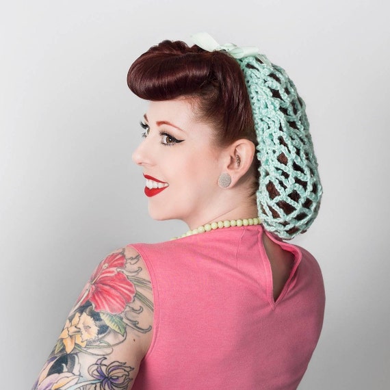 Mint Retro Hair Snood In Crochet 1940 Pin Up Fashion Hair Etsy