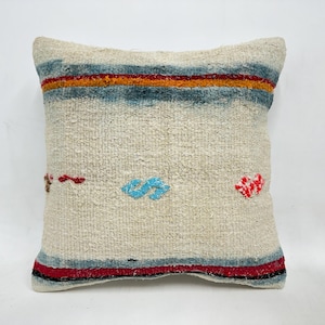 Pillow for Couch, Kilim Pillow Cover, 16x16 Boho Pillow, Ethnical Kilim Rug Pillow, Beige Pillow Cover, Vintage Striped Kilim Pillow,