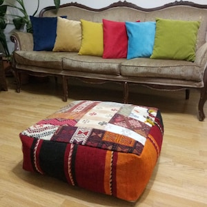 Kilim Patchwork Pouf 24x24x8 inches Kilim Patchwork pouf Square Pouf Floor Pillow Cover Big size Pillow  Anatolian Kilim Pouf Home decor