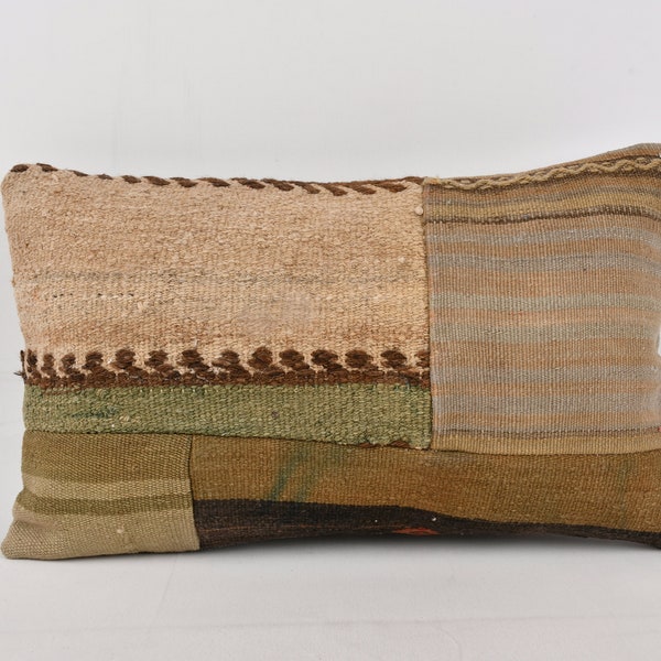 Boho Pillow, Kilim Pillow Cover, 12x20 Turkish Pillow, Boho Pillow Sham Cover, Brown Pillow Cover, Neck Pillow, Patchwork Pillow, Car Pillow