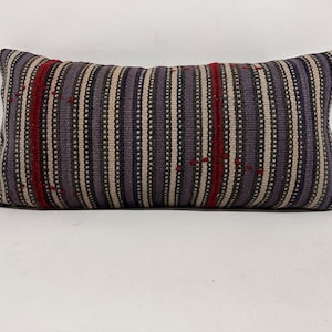 Ethnical Kilim Rug Pillow, Boho Pillow, 12x24 Pillow for Couch, Throw Kilim Pillow, Blue Cushion Case, Lumbar Pillow, Boho Stripe Pillow,