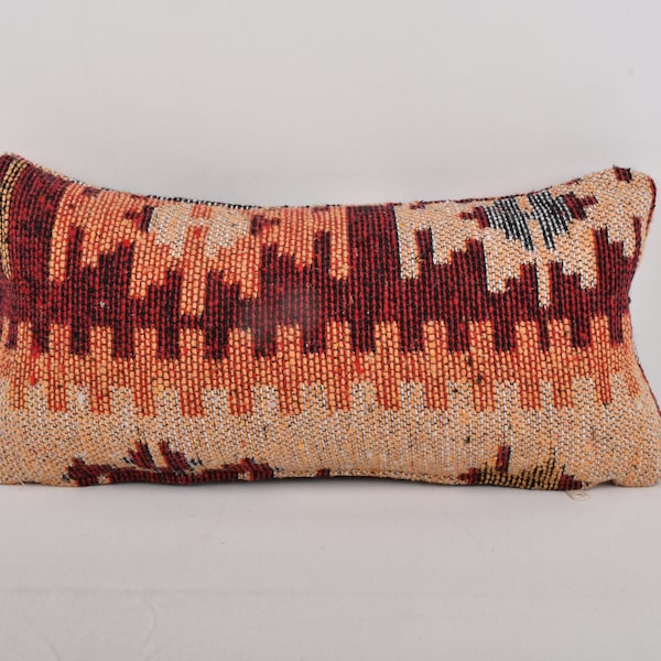 Antique Pillows, Throw Kilim Pillow, 8x16 Vintage Kilim Pillow, Orange Cushion, Both Sided Pillow, Door Stopper Pillow, Patterned Pillow,