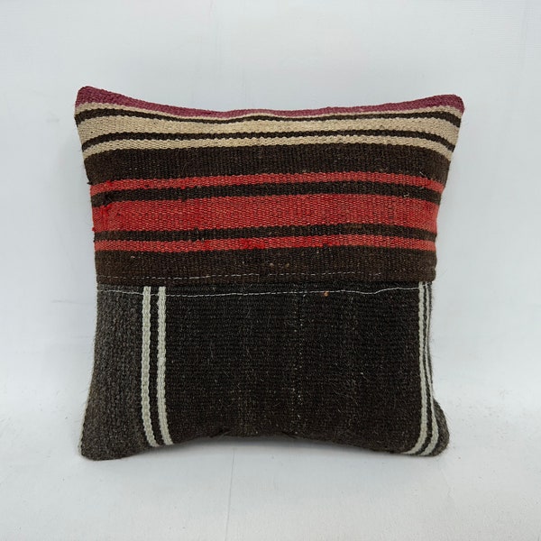 Turkish Pillow, Pillow for Sofa, 14x14 Boho Pillow Sham Cover, Interior Designer Pillow, Brown Pillow, Patchwork Pillow, Boho Stripe Pillow,