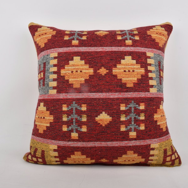 Turkish Pillow, Handmade Kilim Cushion, 28x28 Vintage Pillow, Pillow for Sofa, Red Pillow Cover, Both Sided Pillow, Patterned Pillow,