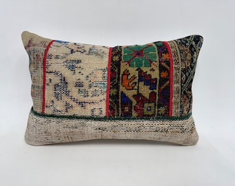 Boho Pillow, Gift Pillow, 16x24 Kilim Pillow Cover, Antique Pillows, Beige Pillow, Rectangular Pillow, Patchwork Pillow, Textured Pillow,