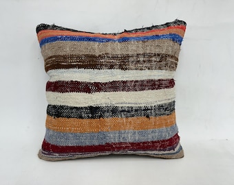 Vintage Pillow, Turkish Kilim Pillow, 20x20 Kilim Pillow Cover, Turkish Pillow, White Pillow Cover, Turkish Striped Pillow,