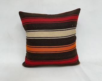 Vintage Kilim Pillow, Turkish Pillow, 20x20 Gift Pillow, Home Decor Pillow, Brown Pillow Cover, Handwoven Striped Pillow,
