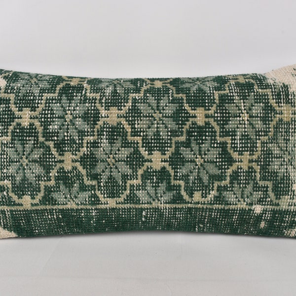 Home Decor Pillow, Pillow for Sofa, 12x24 Vintage Kilim Throw Pillow, Vintage Pillow, Green Pillow Cover, Lumbar Pillow, Textured Pillow,