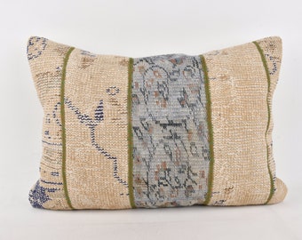Turkish Pillow, Pillow for Sofa, 20x28 Kilim Cushion Sham, Interior Designer Pillow, Beige Cushion, Rectangular Pillow, Patchwork Pillow,