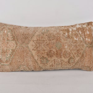May include: Rectangular decorative pillow with a distressed, vintage look. The pillow features a faded, textured pattern in shades of tan, brown, and hints of green. The pillow is designed for home decor and adds a touch of rustic charm.