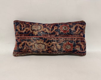 Almohada Kilim Vintage, Almohada Vintage, Almohada Decorativa para el Hogar de 12x24, Cojín Kilim Hecho a Mano, Almohada Azul, Almohada Rectangular, Almohada de Patchwork,