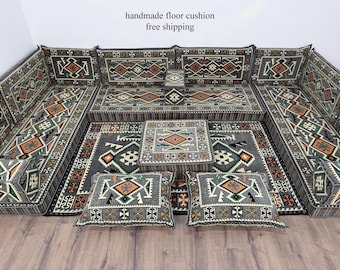 Traditional Turkish Floor Seating Set, Handmade Oriental Corner Sofa, Bohemian Moroccan Living Room Furniture, Ottoman Seating Set,