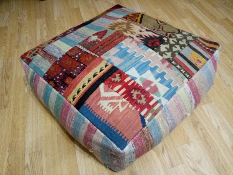Kilim Pouf Square 24x24x8 inches Kilim Patchwork pouf Square Poufs Floor Pillow Cover Oversize Pillow Cover Anatolian Kilim Pouf Home decor