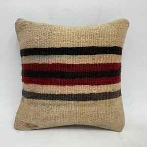 Pillow for Sofa, Kilim Pillow Cover, 12x12 Gift Pillow, Boho Pillow, Beige Cushion Case, Boho Stripe Pillow, Wool Kilim Pillow Pillow,