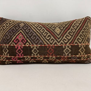 Kilim Pillow Cover, Boho Pillow Sham Cover, 12x24 Pillow for Couch, Kilim Pillow, Brown Pillow, Lumbar Pillow, Cecim Kilim Pillow,