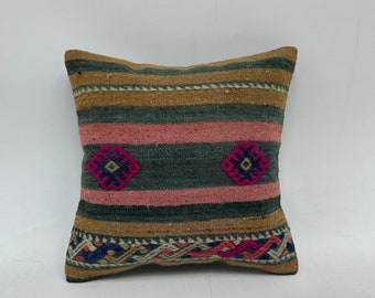 Vintage Kilim Throw Pillow, Vintage Pillow, 16x16 Home Decor Pillow, Ethnical Kilim Rug Pillow, Green Pillow Cover, Patterned Pillow,