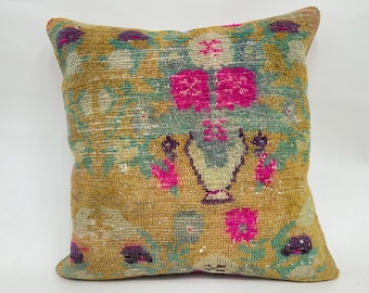 Türkisches Kelimkissen, Boho-Kissen, 20x20 Vintage-Kissen, Vintage-Kelim-Wurfkissen, rosa Kissenbezug, strukturiertes Kissen, Außenkissen,