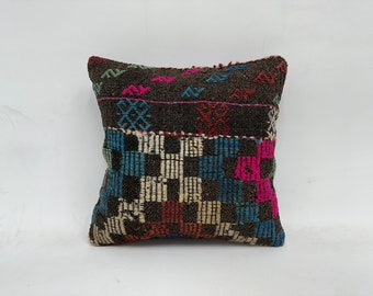 Pillow for Couch, Handmade Kilim Cushion, 16x16 Vintage Kilim Pillow, Turkish Pillow, Blue Cushion, Patterned Pillow, Morroccon Kilim Pillow