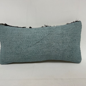 May include: A light blue rectangular pillow with a black and white fur trim. The pillow is made of a woven fabric with a textured surface.