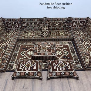 Brown Arabic Sofa, Ottoman Floor Cushion, Turkish Kilim Pillow, Sectional Floor Sofa, Ottoman Sofa Set, Traditional Sofa Set, U Shaped Sofa,