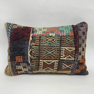 Gift Pillow, Kilim Pillow, 16x24 Kilim Pillow Cover, Handmade Kilim Cushion, Brown Pillow, Ethnic Kilim Lumbar Pillow, Patchwork Pillow,