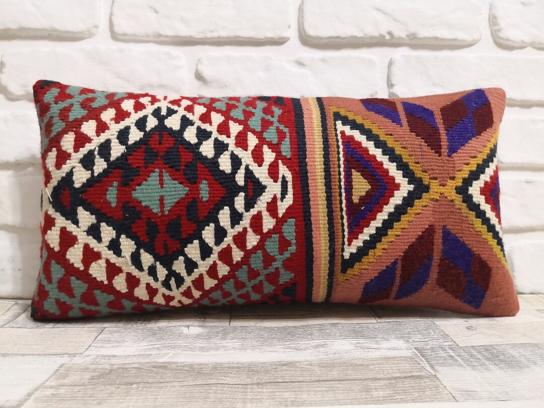 Lumbar Kilim Pillow Cover 10x20 Inches Turkish Vintage Kilim Lumbar