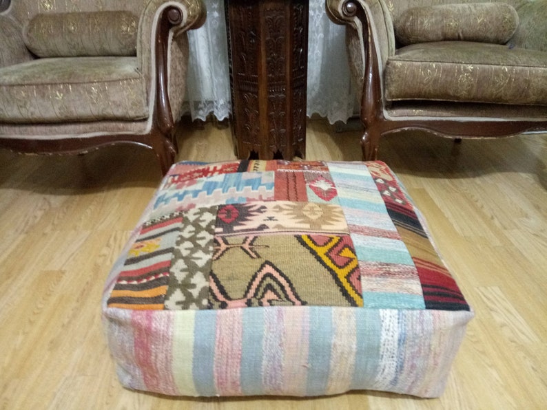 Kilim Pouf Square 24x24x8 inches Kilim Patchwork pouf Square Poufs Floor Pillow Cover Oversize Pillow Cover Anatolian Kilim Pouf Home decor