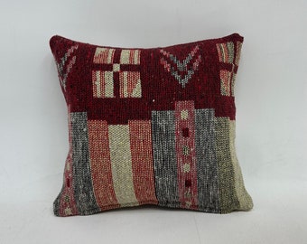 Antique Pillows, Vintage Kilim Throw Pillow, 16x16 Kilim Cushion Sham, Turkish Kilim Pillow, Red Pillow, Both Sided Pillow, Patterned Pillow