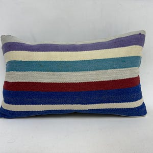 Kilim Cushion Sham, Interior Designer Pillow, 12x20 Boho Pillow Sham Cover, Pillow for Sofa, Blue Cushion, Ethnic Kilim Lumbar Pillow,