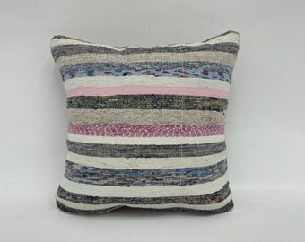Vintage Kilim Pillow, Pillow for Couch, 16x16 Boho Pillow, Turkish Kilim Pillow, White Cushion Case, Striped Pillow, Decorative Pillow,