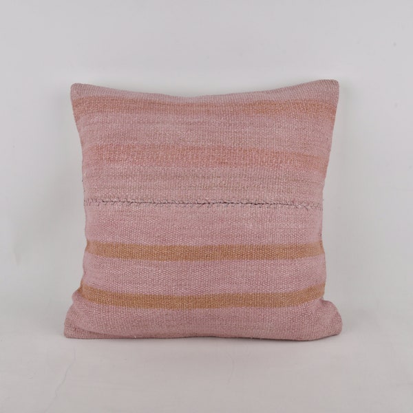 Gift Pillow, Turkish Pillow, 24x24 Pillow for Sofa, Turkish Kilim Pillow, Pink Pillow, Contemporary Striped Pillow, Couch Cushion,