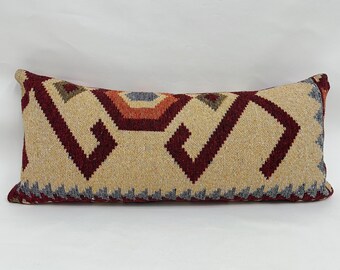 Throw Kilim Pillow, Ethnical Kilim Rug Pillow, 16x36 Kilim Pillow, Pillow for Sofa, Beige Double Sided Pillow, Southwestern Lumbar Pillows,
