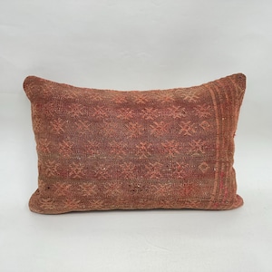 Vintage Kilim Throw Pillow, Throw Kilim Pillow, 16x24 Vintage Kilim Pillow, Handmade Kilim Cushion, Brown Cushion, Lumbar Pillow,