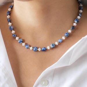 Handmade Blue Natural Stone Necklace with Mother-of-Pearl, 14K Gold-Plated Clasp, 38cm + 5cm Extender