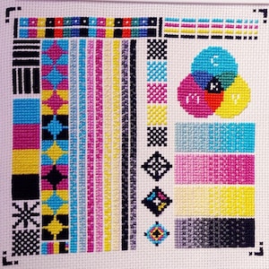 Pu&ograve; includere: Uno schema di punto croce che presenta una ruota dei colori con le lettere CMYK al centro, circondata da vari quadrati e linee colorate. Lo schema &egrave; ricamato su tessuto bianco.