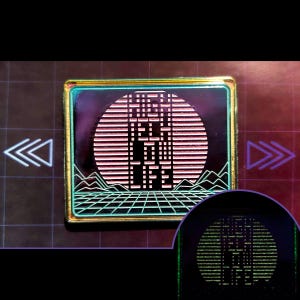 May include: A gold-coloured enamel pin with a retro-style design. The pin features a pink and white sun with the text "HIGH ON LIFE" in a black font. The background is a dark blue with a green grid pattern.