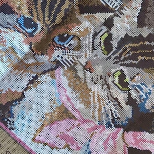May include: Close-up of a cross-stitch design featuring a cat's face. The cat has blue eyes, brown and tan fur, and a pink flower. The needlework is on a tan fabric with a grid pattern.