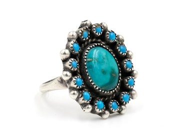 Size 7.5 // Vintage Turquoise Cluster Ring // Vintage Zuni Style Ring // Old Green Turquoise Ring // Turquoise Snake Eye Cluster Ring